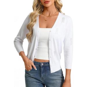 GRACE KARIN Women 3/4 Sleeve Cropped Cardigans, Lightweight Summer Cardigan Sweaters, Open Front Bolero Shrug(White)