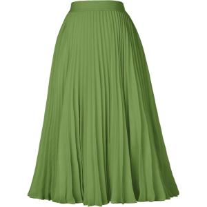 GRACE KARIN Women High Elastic Waist Pleated Chiffon Skirt Midi Swing A-line Skirts(Grass Green)