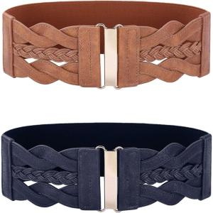 GRACE KARIN Women’s Elastic Wide Belts Vintage Stretchy Belt Retro Fashion Cinch Belts for Dresses(Brown Navy Blue)