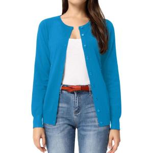 GRACE KARIN Women’s Long Sleeve Button Down Crew Neck Classic Sweater Knit Cardigan(Acid Blue)