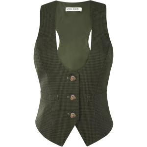 GRACE KARIN Women’s Suit Vest Top, Dressy Casual Sleeveless Button Wasitcoat, Fromal Steampunk Blazer For Work Office(Army Green)