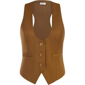 GRACE KARIN Women’s Suit Vest Top, Dressy Casual Sleeveless Button Wasitcoat, Fromal Steampunk Blazer For Work Office(Brown)