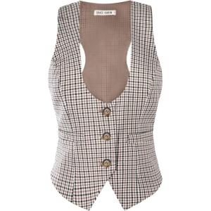 GRACE KARIN Women’s Suit Vest Top, Dressy Casual Sleeveless Button Wasitcoat, Fromal Steampunk Blazer For Work Office(Coffee White)