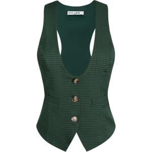 GRACE KARIN Women’s Suit Vest Top, Dressy Casual Sleeveless Button Wasitcoat, Fromal Steampunk Blazer For Work Office(Green Plaid)