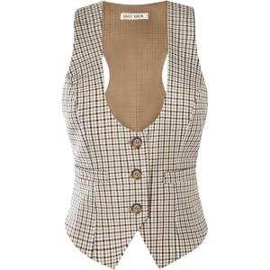 GRACE KARIN Women’s Suit Vest Top, Dressy Casual Sleeveless Button Wasitcoat, Fromal Steampunk Blazer For Work Office(Khaki White)