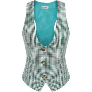 GRACE KARIN Women’s Suit Vest Top, Dressy Casual Sleeveless Button Wasitcoat, Fromal Steampunk Blazer For Work Office(Plaid Teal)