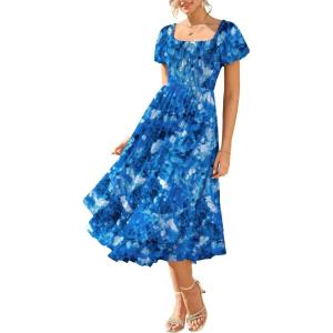 GRACE KARIN Womens Summer Dresses 2026 Puff Short Sleeve Floral Wedding Guest Dress Smocked Tiered Maxi Dress with Pockets(Blue Floral)