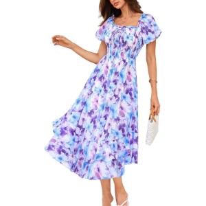GRACE KARIN Womens Summer Dresses 2026 Puff Short Sleeve Floral Wedding Guest Dress Smocked Tiered Maxi Dress with Pockets(Blue Purple Floral)
