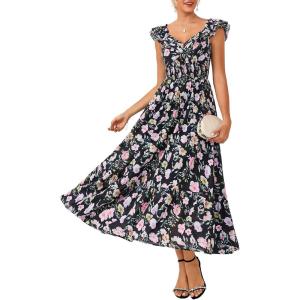 GRACE KARIN Women’s Summer Floral Maxi Dress 2026 Ruffle Sleeve Smocked Sundress Flowy Wedding Guest Long Dresses with Pocket(Black Flower)