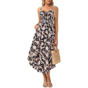 GRACE KARIN Women’s Summer Floral Maxi Dress Spaghetti Strap A Line Beach Boho Dresses Ruffle Tiered Casual Dress(Black and Beige Floral)