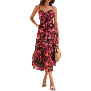 GRACE KARIN Women’s Summer Floral Maxi Dress Spaghetti Strap A Line Beach Boho Dresses Ruffle Tiered Casual Dress(Black and Red Floral)