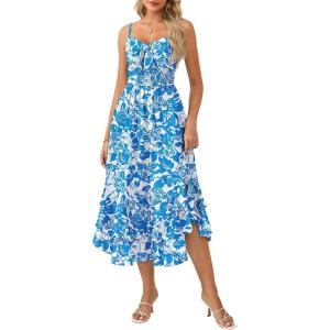 GRACE KARIN Women’s Summer Floral Maxi Dress Spaghetti Strap A Line Beach Boho Dresses Ruffle Tiered Casual Dress(Blue and White Floral)