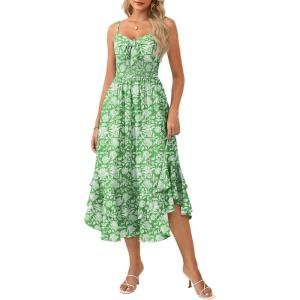 GRACE KARIN Women’s Summer Floral Maxi Dress Spaghetti Strap A Line Beach Boho Dresses Ruffle Tiered Casual Dress(Green and White Floral)