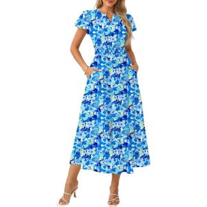 GRACE KARIN Womens Summer Maxi Dresses 2026 Floral Puff Short Sleeve V Neck Dresses Casual Wedding Guest Clothes with Pockets(Blue Yellow Floral)