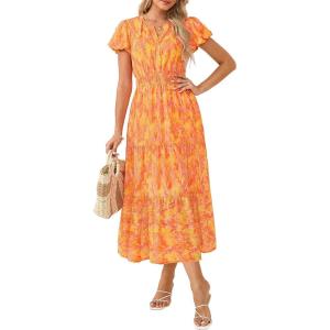 GRACE KARIN Womens Summer Maxi Dresses 2026 Floral Puff Short Sleeve V Neck Dresses Casual Wedding Guest Clothes with Pockets(Orange Yellow Floral)