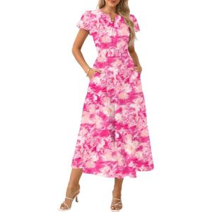 GRACE KARIN Womens Summer Maxi Dresses 2026 Floral Puff Short Sleeve V Neck Dresses Casual Wedding Guest Clothes with Pockets(Rose Red)