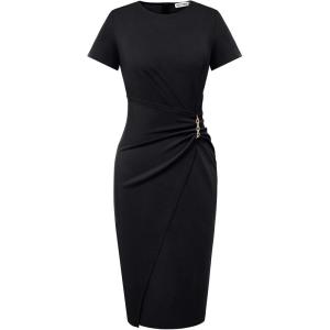 GRACE KARIN Work Dresses for Women 2026 Short Sleeve Business Midi Dress Ruched Bodycon Sheath Formal Office Outfits(Black)