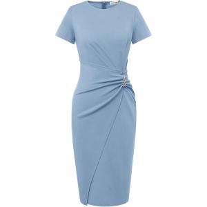 GRACE KARIN Work Dresses for Women 2026 Short Sleeve Business Midi Dress Ruched Bodycon Sheath Formal Office Outfits(Gray Blue)