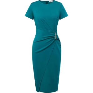 GRACE KARIN Work Dresses for Women 2026 Short Sleeve Business Midi Dress Ruched Bodycon Sheath Formal Office Outfits(Peacock Blue)