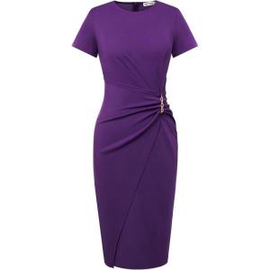 GRACE KARIN Work Dresses for Women 2026 Short Sleeve Business Midi Dress Ruched Bodycon Sheath Formal Office Outfits(Purple)