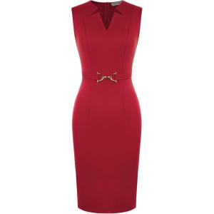 GRACE KARIN Work Dresses for Women 2026,V Neck Business Office Bodyon Dress,Sleeveless Pencil Semi Formal Midi Dress(Red)