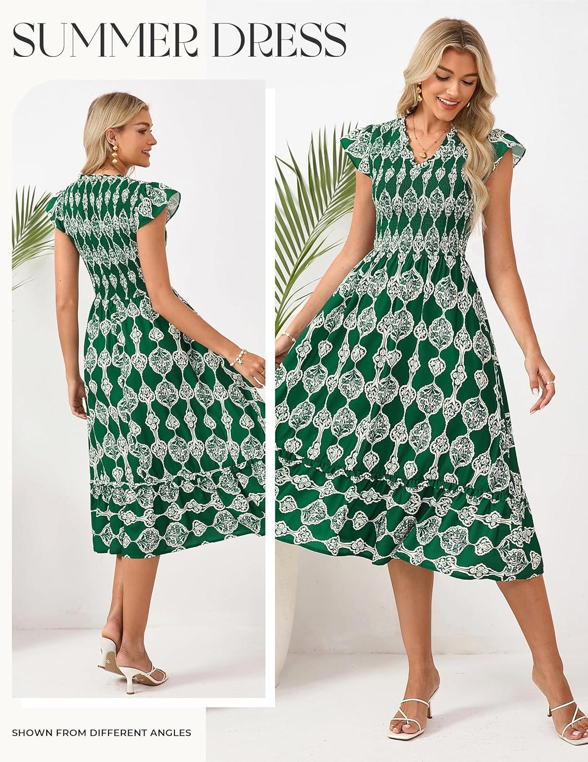 imageGRACE KARIN 2026 Summer Casual Dresses for WomenFlutter Short Sleeve Wedding Guest DressesV Neck Smocked Tiered Midi DressGreen Floral