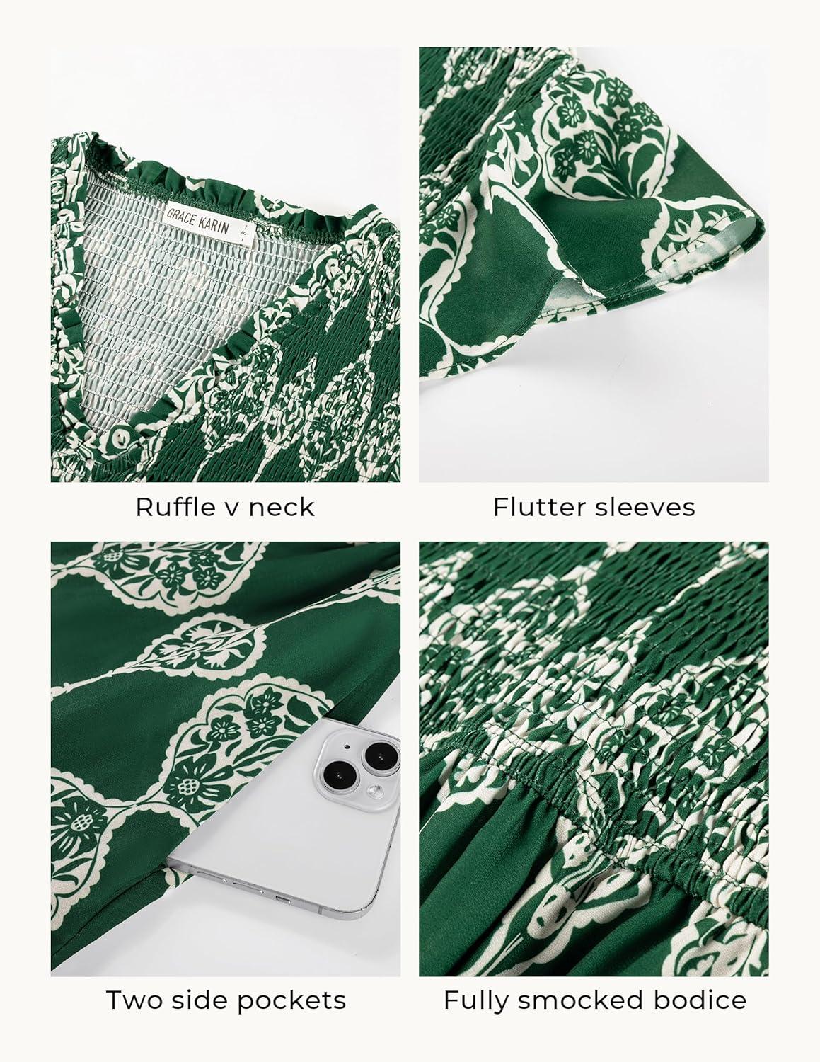 imageGRACE KARIN 2026 Summer Casual Dresses for WomenFlutter Short Sleeve Wedding Guest DressesV Neck Smocked Tiered Midi DressGreen Floral