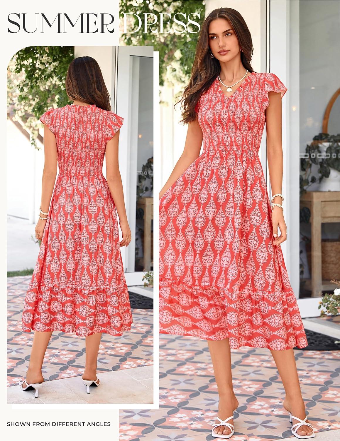 imageGRACE KARIN 2026 Summer Casual Dresses for WomenFlutter Short Sleeve Wedding Guest DressesV Neck Smocked Tiered Midi DressRed Floral
