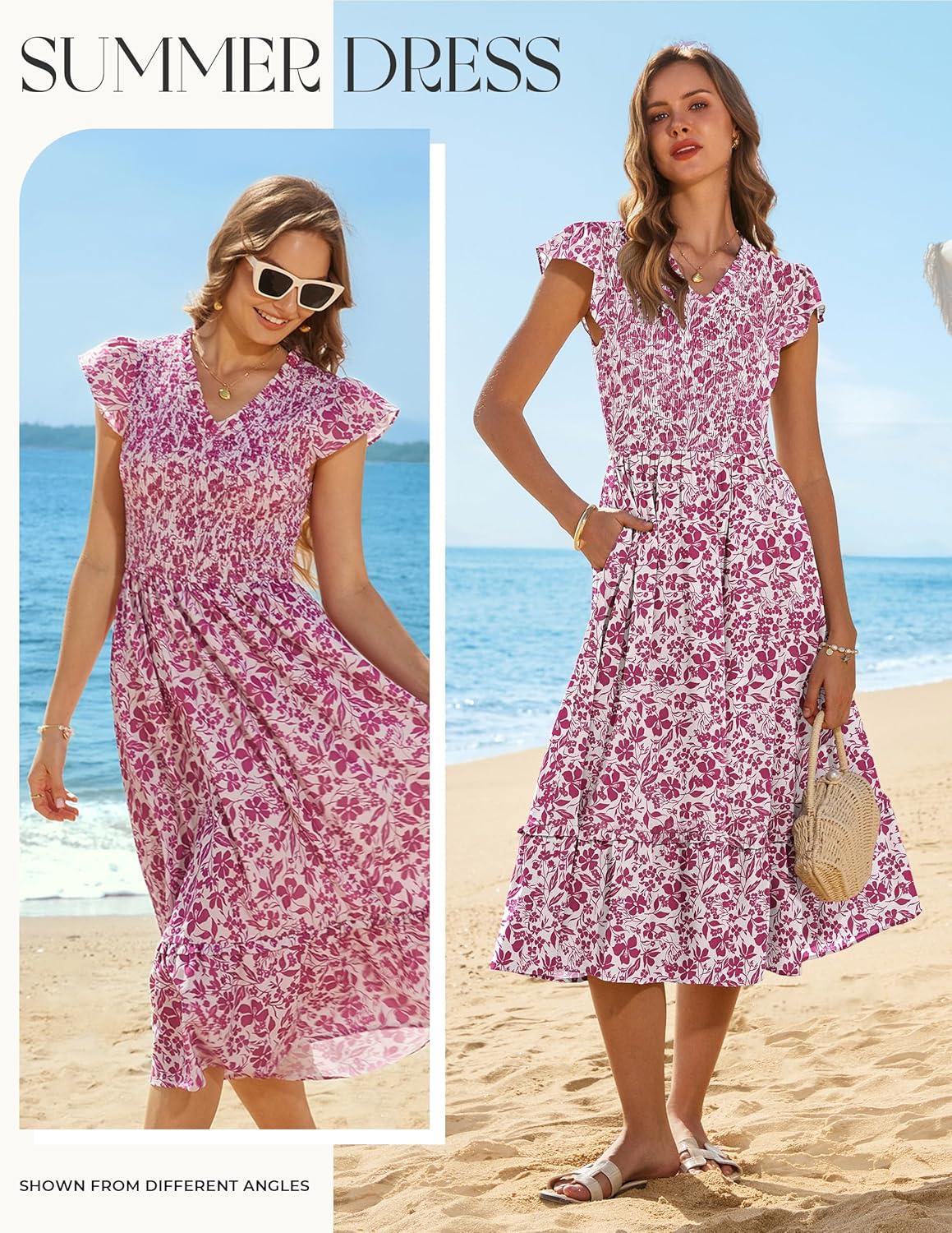 imageGRACE KARIN 2026 Summer Casual Dresses for WomenFlutter Short Sleeve Wedding Guest DressesV Neck Smocked Tiered Midi DressRose Red Floral