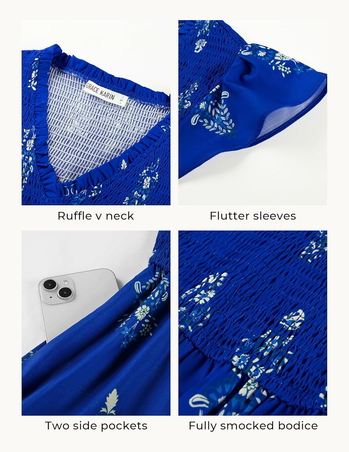 imageGRACE KARIN 2026 Summer Casual Dresses for WomenFlutter Short Sleeve Wedding Guest DressesV Neck Smocked Tiered Midi DressRoyal Blue Floral