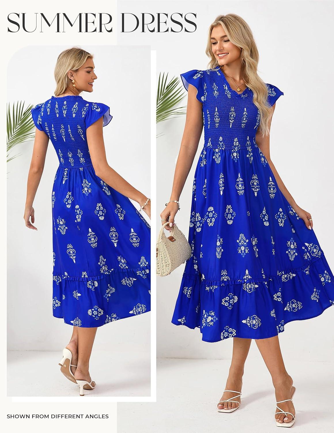 imageGRACE KARIN 2026 Summer Casual Dresses for WomenFlutter Short Sleeve Wedding Guest DressesV Neck Smocked Tiered Midi DressRoyal Blue Floral
