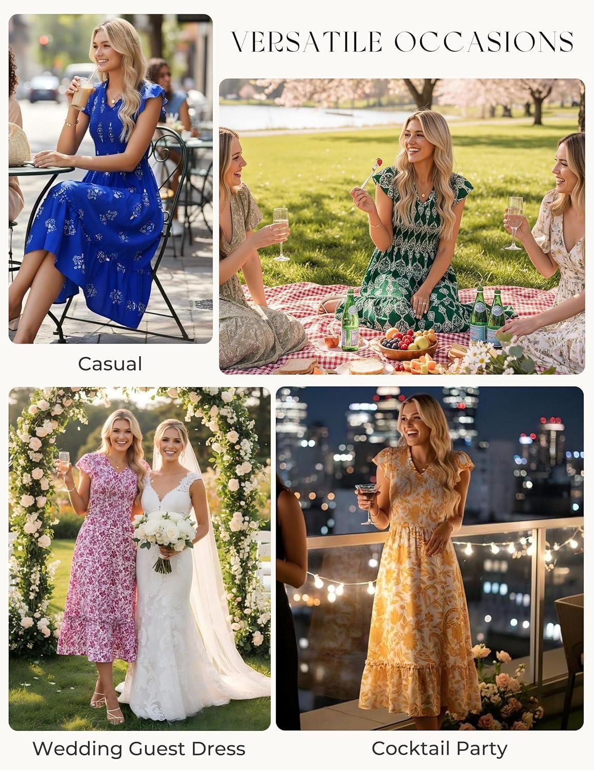 imageGRACE KARIN 2026 Summer Casual Dresses for WomenFlutter Short Sleeve Wedding Guest DressesV Neck Smocked Tiered Midi DressRoyal Blue Floral