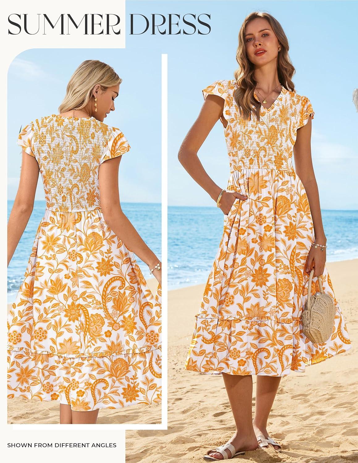imageGRACE KARIN 2026 Summer Casual Dresses for WomenFlutter Short Sleeve Wedding Guest DressesV Neck Smocked Tiered Midi DressYellow Floral