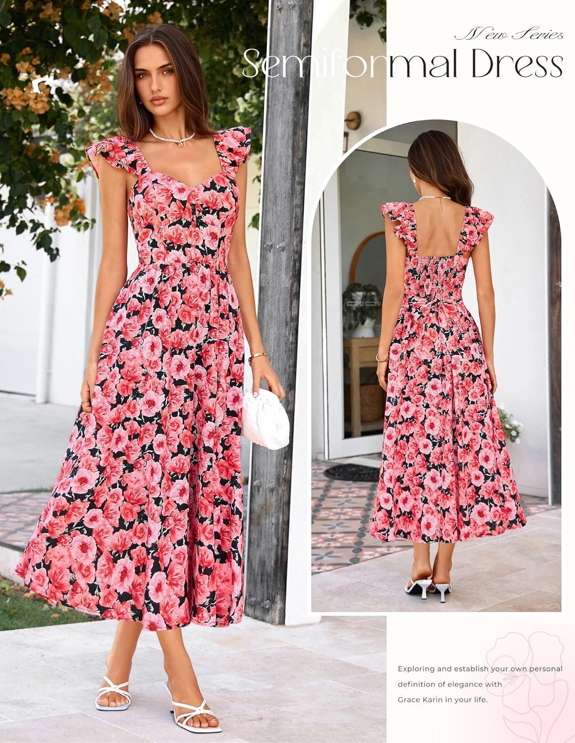 imageGRACE KARIN 2026 Women Summer Maxi Floral Corset DressRuffle Sleeve Milkmaid Dresses Wedding Guest Dresses with PocketBlack With Red Flowers