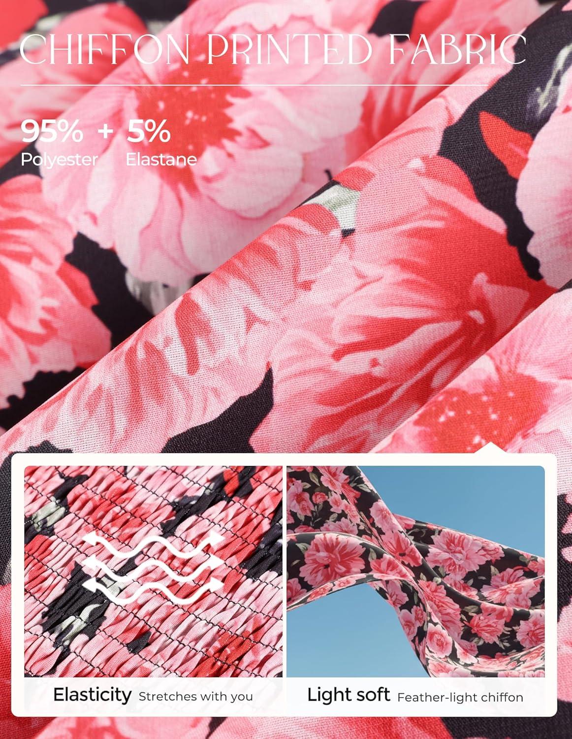 imageGRACE KARIN 2026 Women Summer Maxi Floral Corset DressRuffle Sleeve Milkmaid Dresses Wedding Guest Dresses with PocketBlack With Red Flowers