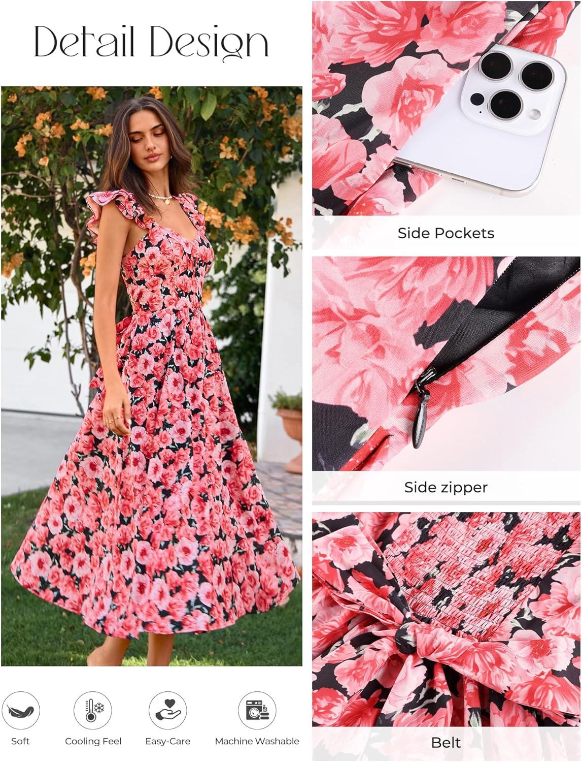 imageGRACE KARIN 2026 Women Summer Maxi Floral Corset DressRuffle Sleeve Milkmaid Dresses Wedding Guest Dresses with PocketBlack With Red Flowers