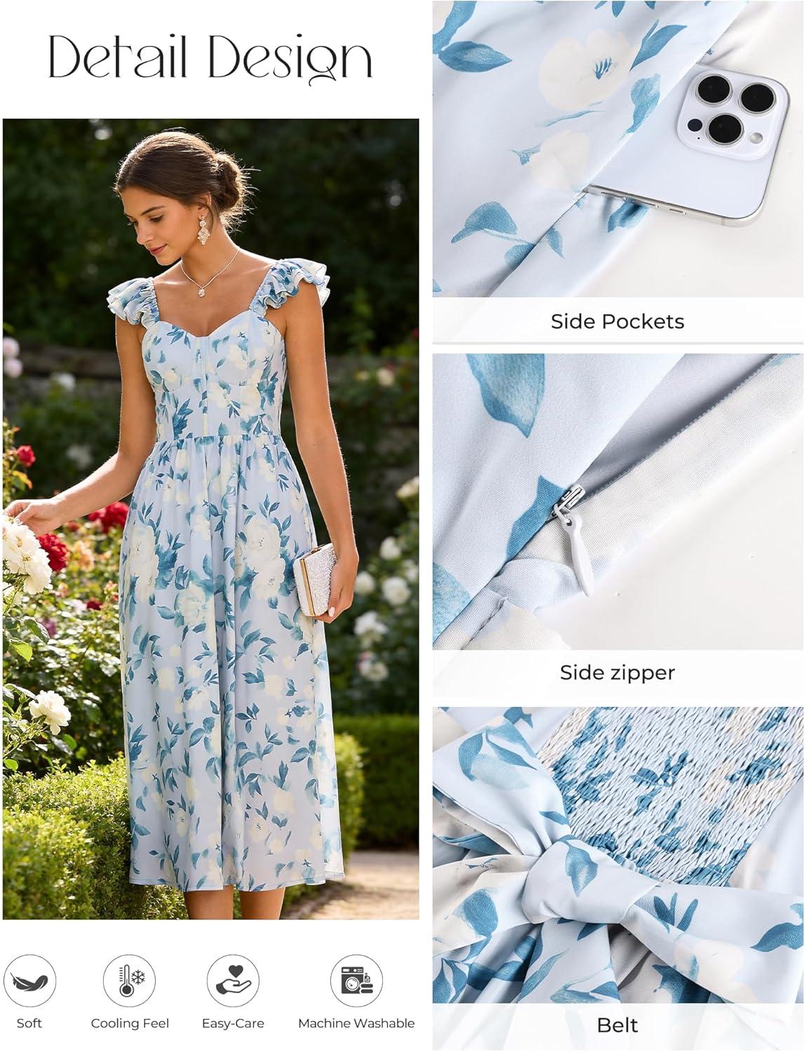 imageGRACE KARIN 2026 Women Summer Maxi Floral Corset DressRuffle Sleeve Milkmaid Dresses Wedding Guest Dresses with PocketBluegray With White Flowers