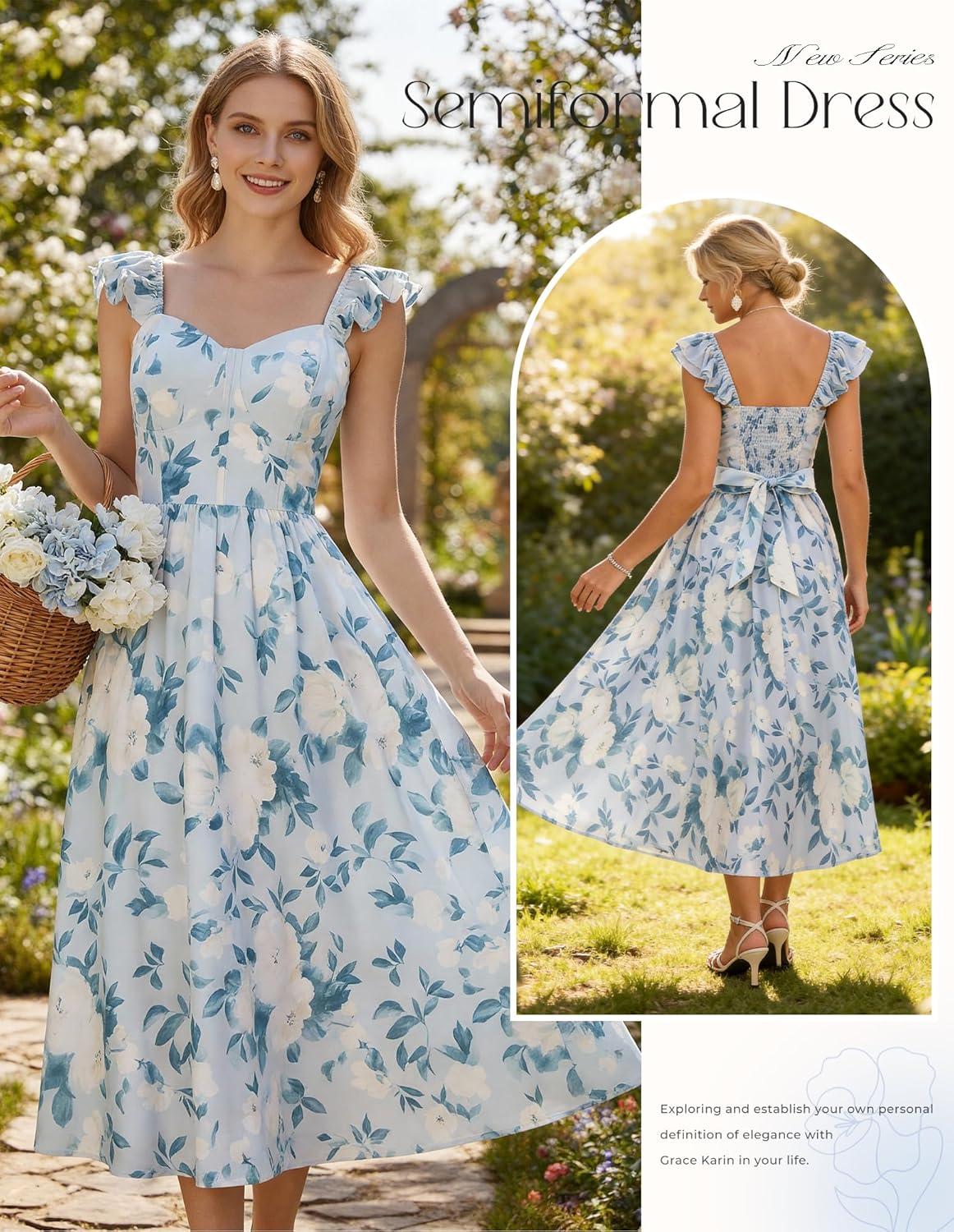 imageGRACE KARIN 2026 Women Summer Maxi Floral Corset DressRuffle Sleeve Milkmaid Dresses Wedding Guest Dresses with PocketBluegray With White Flowers