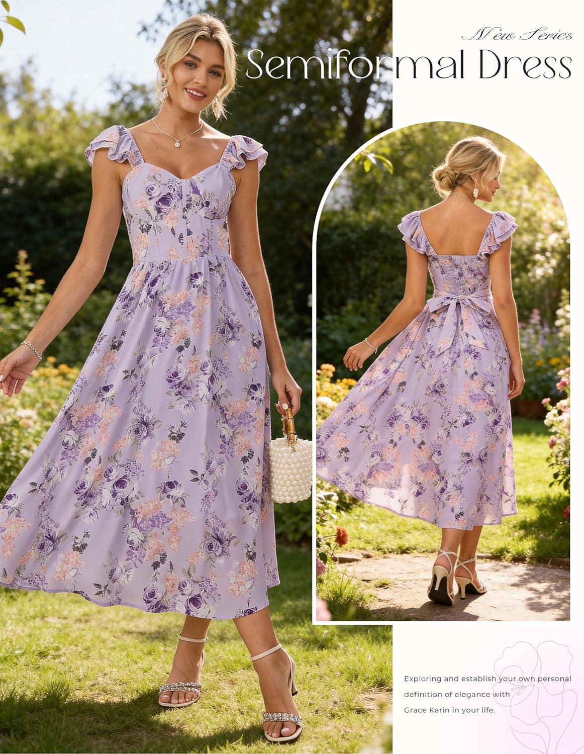 imageGRACE KARIN 2026 Women Summer Maxi Floral Corset DressRuffle Sleeve Milkmaid Dresses Wedding Guest Dresses with PocketLarge Purple Flower Clusters