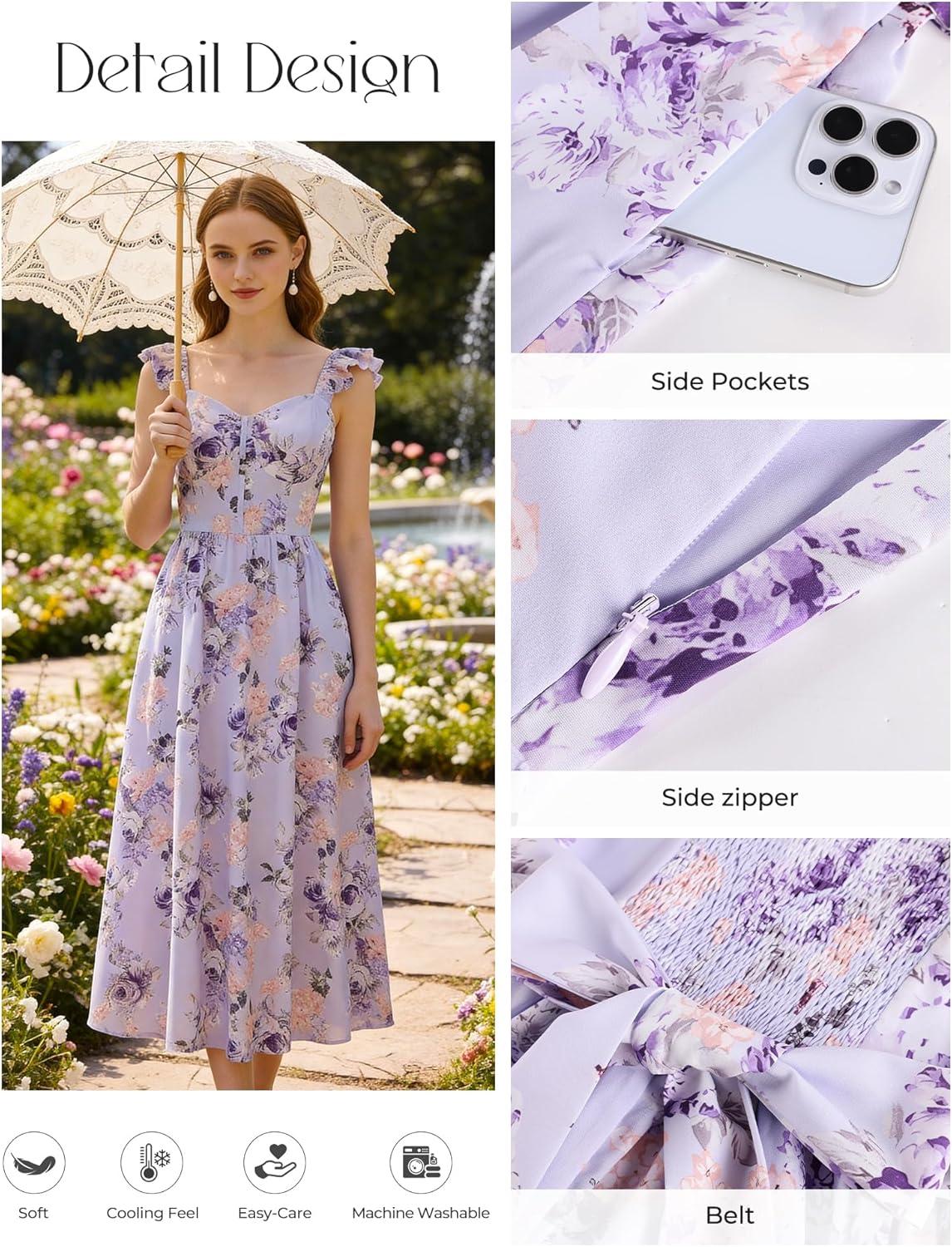 imageGRACE KARIN 2026 Women Summer Maxi Floral Corset DressRuffle Sleeve Milkmaid Dresses Wedding Guest Dresses with PocketLarge Purple Flower Clusters
