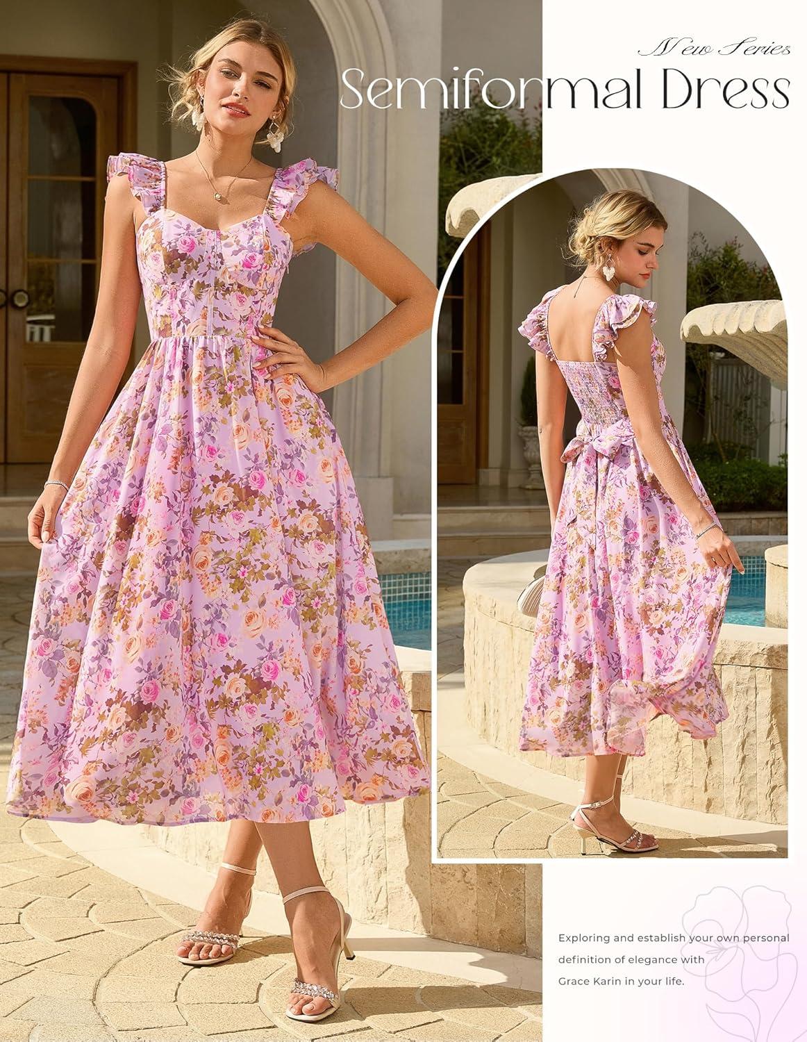 imageGRACE KARIN 2026 Women Summer Maxi Floral Corset DressRuffle Sleeve Milkmaid Dresses Wedding Guest Dresses with PocketPurple With Delicate Floral