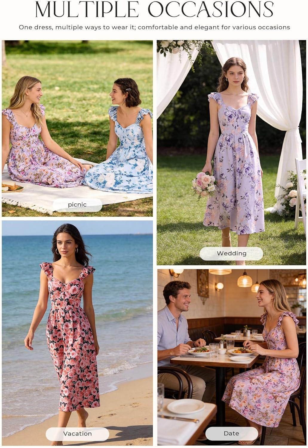 imageGRACE KARIN 2026 Women Summer Maxi Floral Corset DressRuffle Sleeve Milkmaid Dresses Wedding Guest Dresses with PocketWhite With Light Blue Flowers