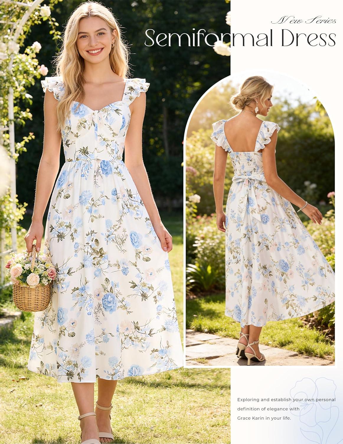 imageGRACE KARIN 2026 Women Summer Maxi Floral Corset DressRuffle Sleeve Milkmaid Dresses Wedding Guest Dresses with PocketWhite With Light Blue Flowers