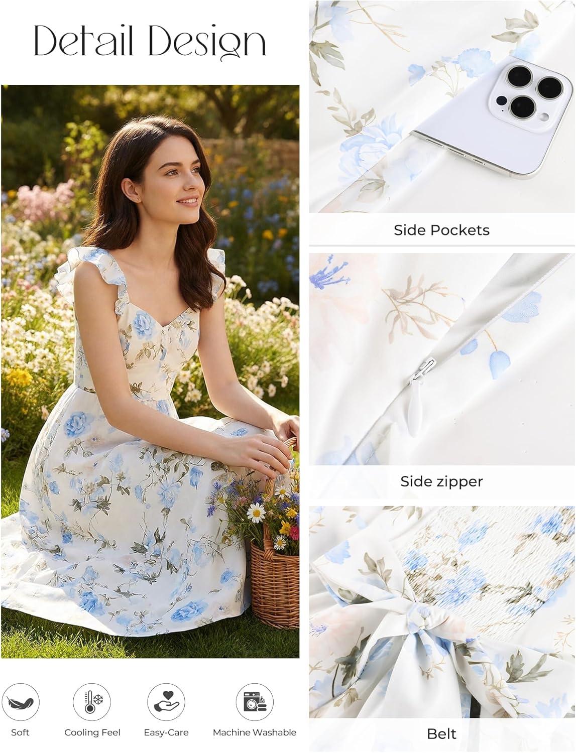 imageGRACE KARIN 2026 Women Summer Maxi Floral Corset DressRuffle Sleeve Milkmaid Dresses Wedding Guest Dresses with PocketWhite With Light Blue Flowers