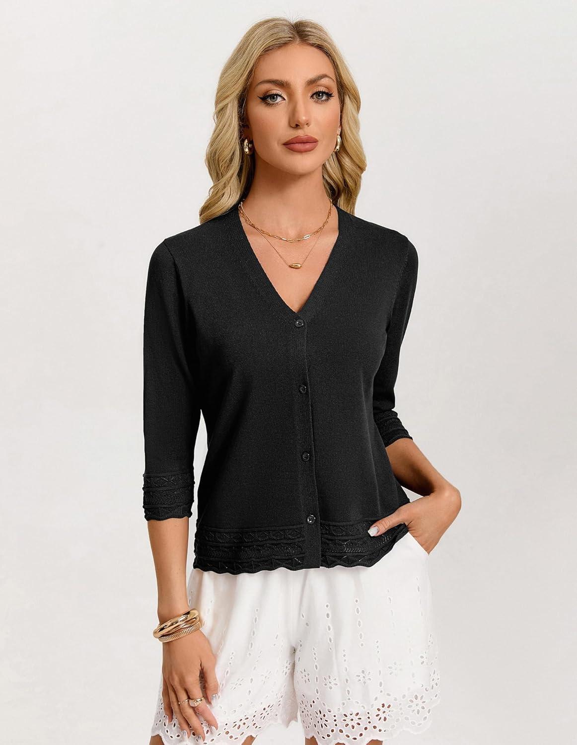 imageGRACE KARIN Cardigans for Women Trendy 34 Sleeve Lightweight Cardigan Spring Button Down Sweater Tops 2026Black