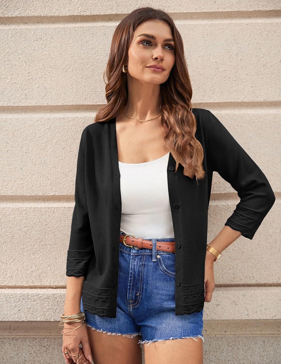 imageGRACE KARIN Cardigans for Women Trendy 34 Sleeve Lightweight Cardigan Spring Button Down Sweater Tops 2026Black