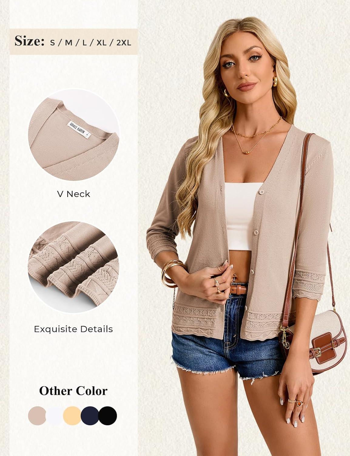 imageGRACE KARIN Cardigans for Women Trendy 34 Sleeve Lightweight Cardigan Spring Button Down Sweater Tops 2026Khaki
