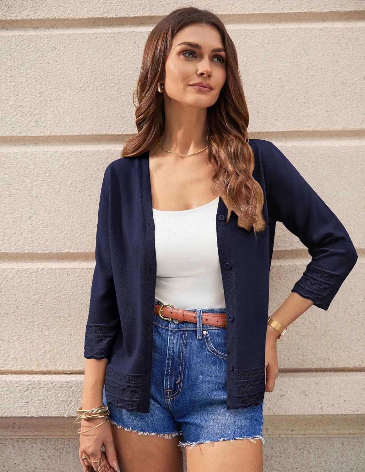 imageGRACE KARIN Cardigans for Women Trendy 34 Sleeve Lightweight Cardigan Spring Button Down Sweater Tops 2026Navy Blue