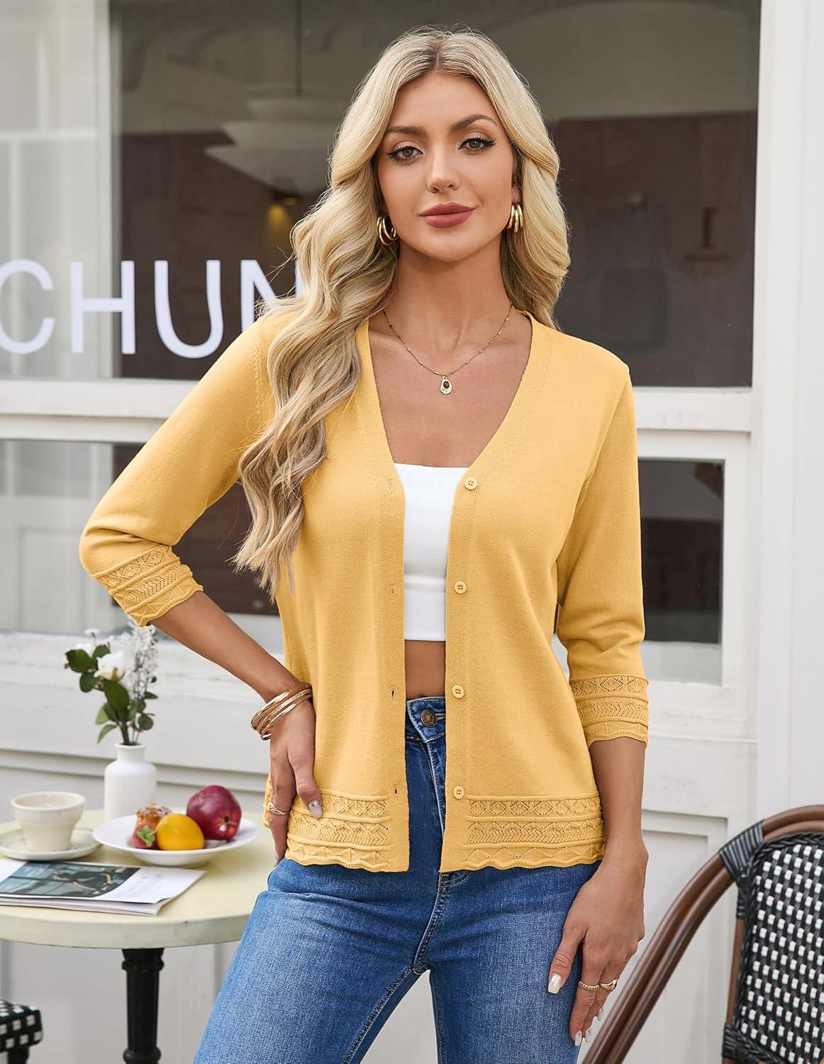 imageGRACE KARIN Cardigans for Women Trendy 34 Sleeve Lightweight Cardigan Spring Button Down Sweater Tops 2026Yellow