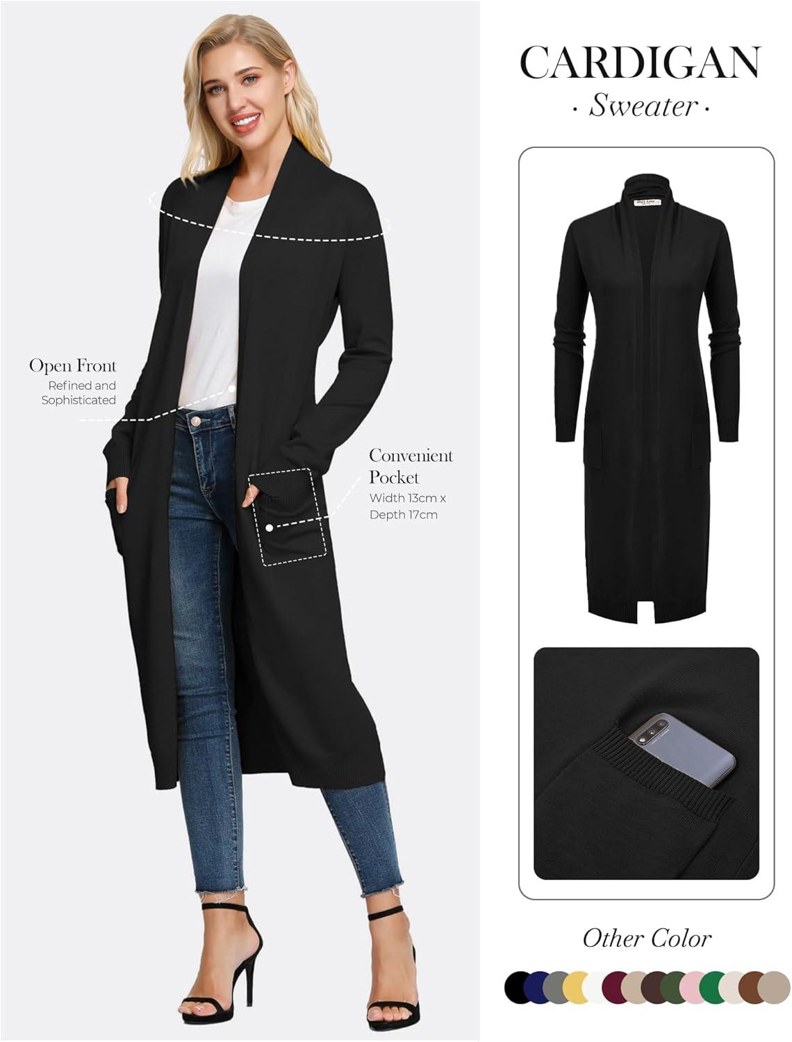 imageGRACE KARIN Essential Solid Open Front Maxi Long Knitted Cardigan Sweater for Women1black
